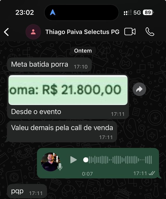 Print de WhatsApp: mentor comemora R$ 21.800 em vendas em uma semana