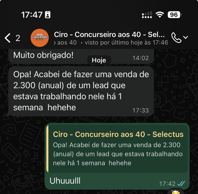 Print de WhatsApp: venda de plano anual de R$ 2.300