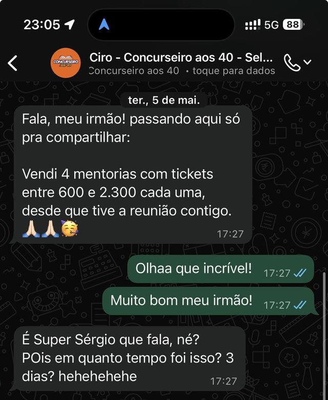 Print de WhatsApp: 4 mentorias vendidas com tickets entre R$ 600 e R$ 2.300
