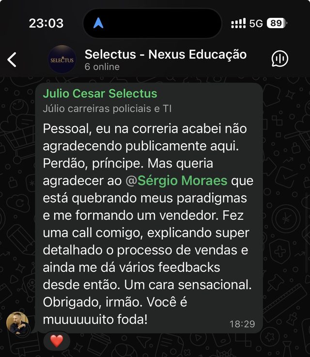 Print de WhatsApp: agradecimento público de mentor no grupo