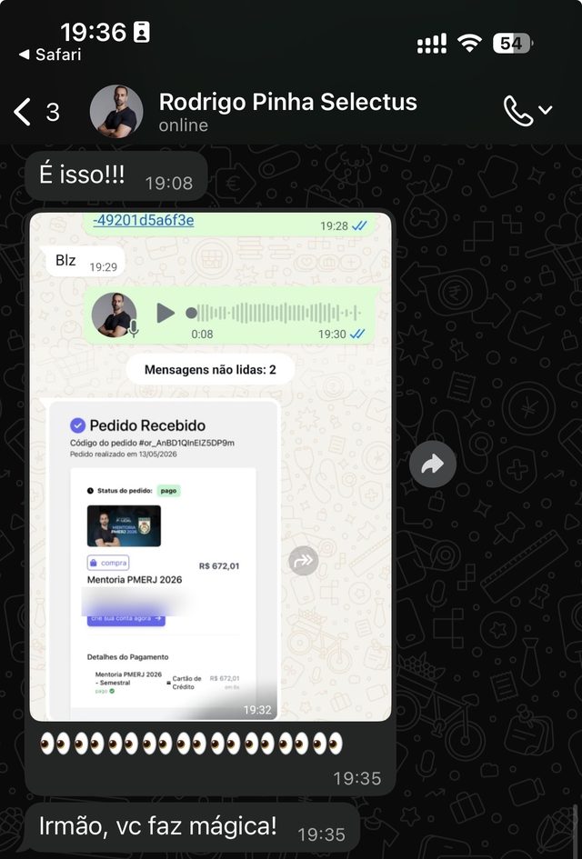 Print de WhatsApp: pedido pago de R$ 672 da Mentoria PMERJ