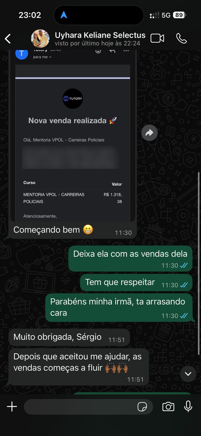 Print de WhatsApp: notificação de venda de R$ 1.318